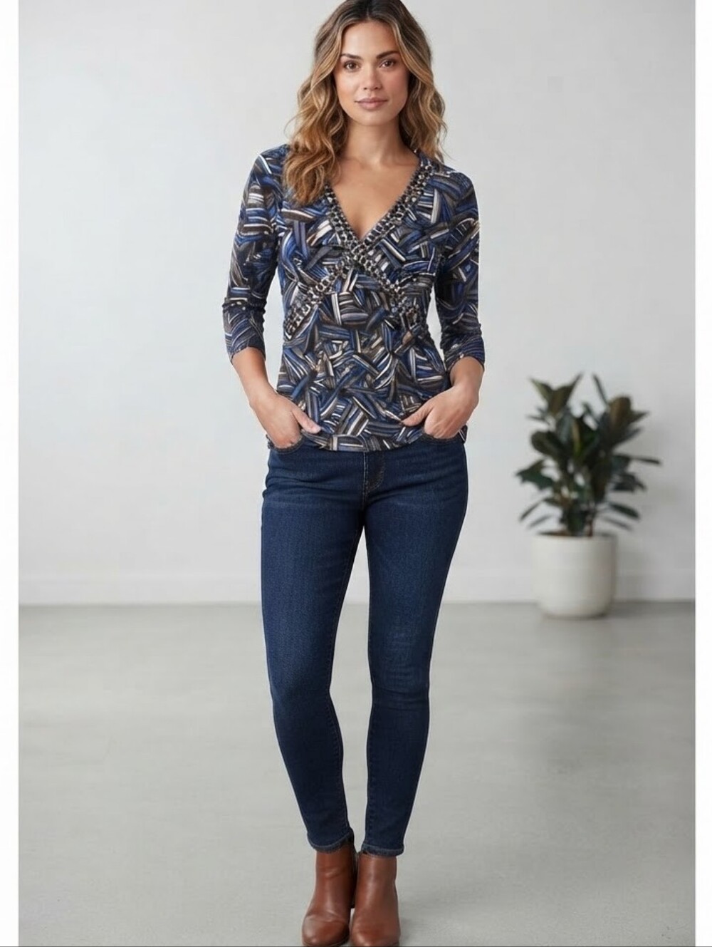 Liz & Co Blue Brown Abstract Geometric V-Neck Faux Wrap 3/4 Sleeve Top Large